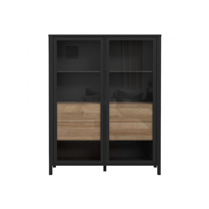 Vitrine 2 portes vitrées 4 tiroirs en bois effet chêne - MIAMI