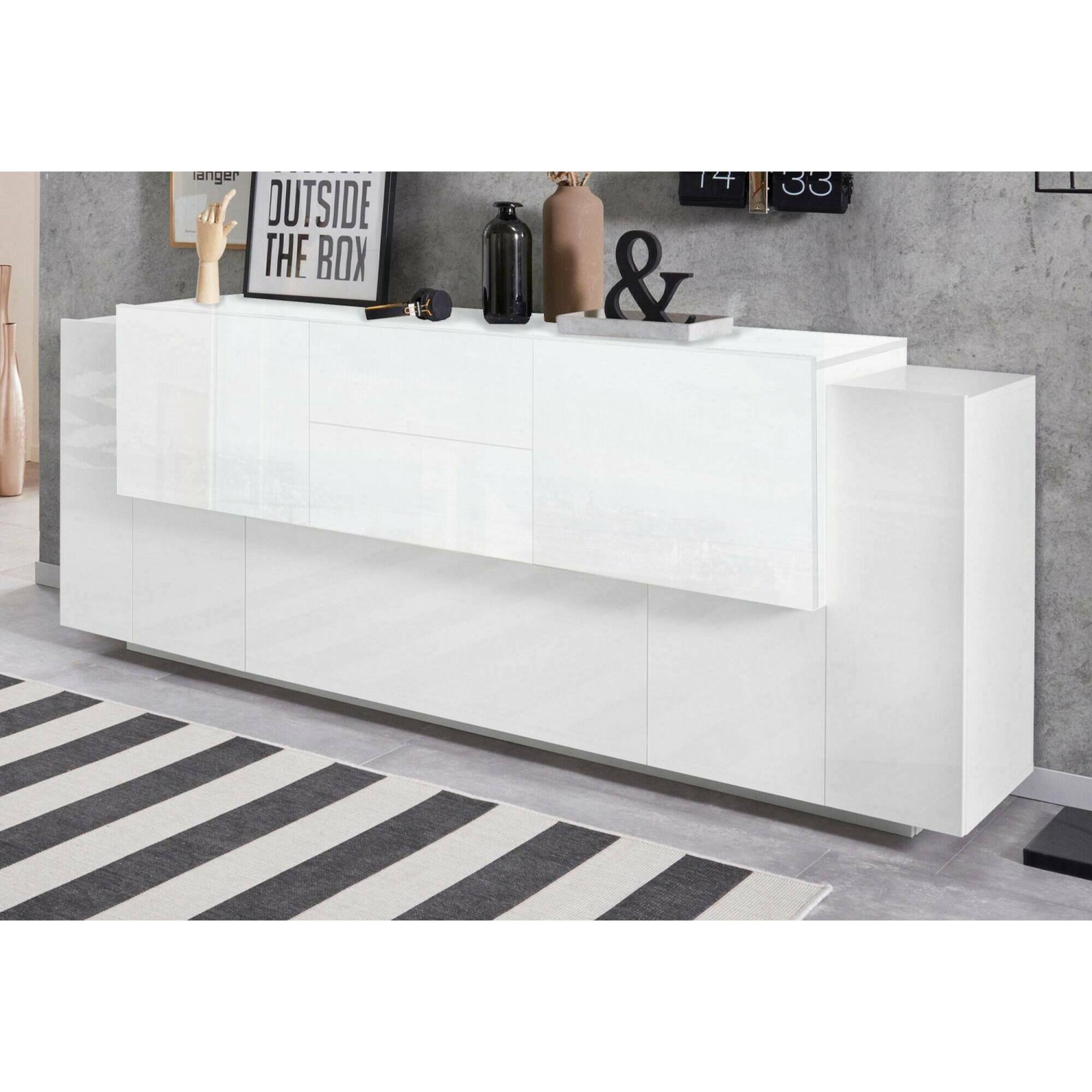 Credenza Cesare, Madia da cucina a 5 ante e 2 cassetti, Buffet da soggiorno, Madia da cucina, 100% Made in Italy, cm 220x45h86, Bianco lucido