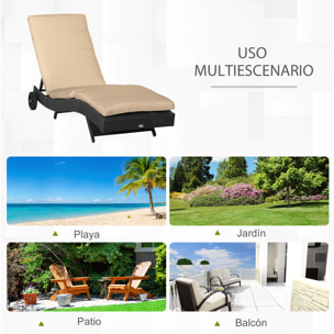 Tumbona de Ratán Reclinable Tumbona de Jardín en Forma de S con 2 Ruedas Respaldo Ajustable en 5 Posiciones y Cojín Extraíble para Patio Terraza 207x70x70 cm Negro y Beige