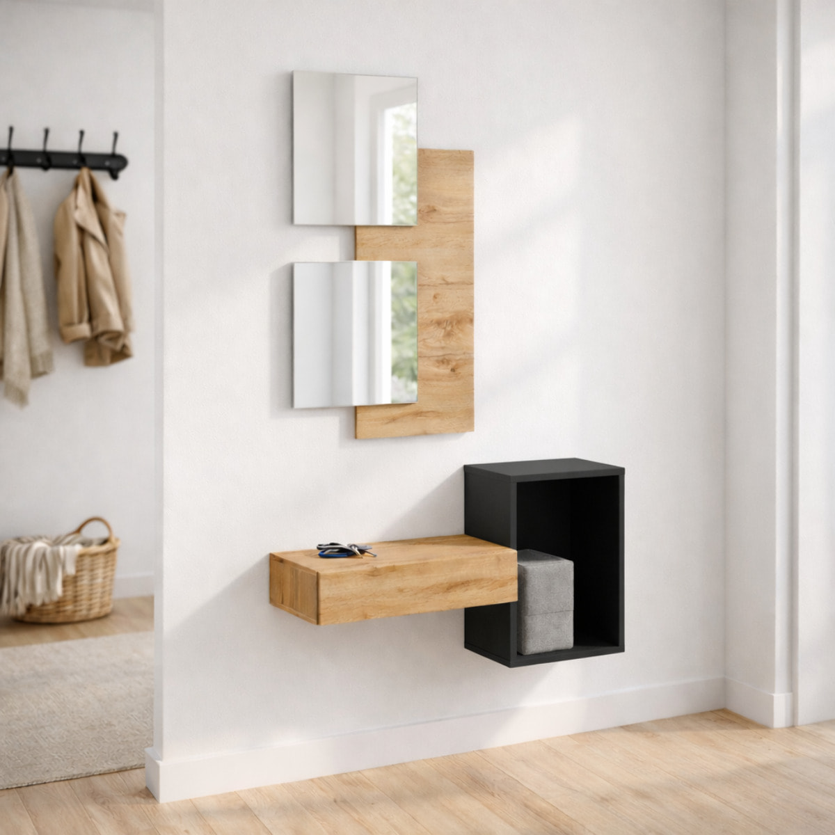 Set Mobile Ingresso Moderno Con Specchi Pensile A Giorno Mensola Con Cassetto Salvaspazio Mobile Da Parete 100 x 170 x 30 Cm Nero E Rovere