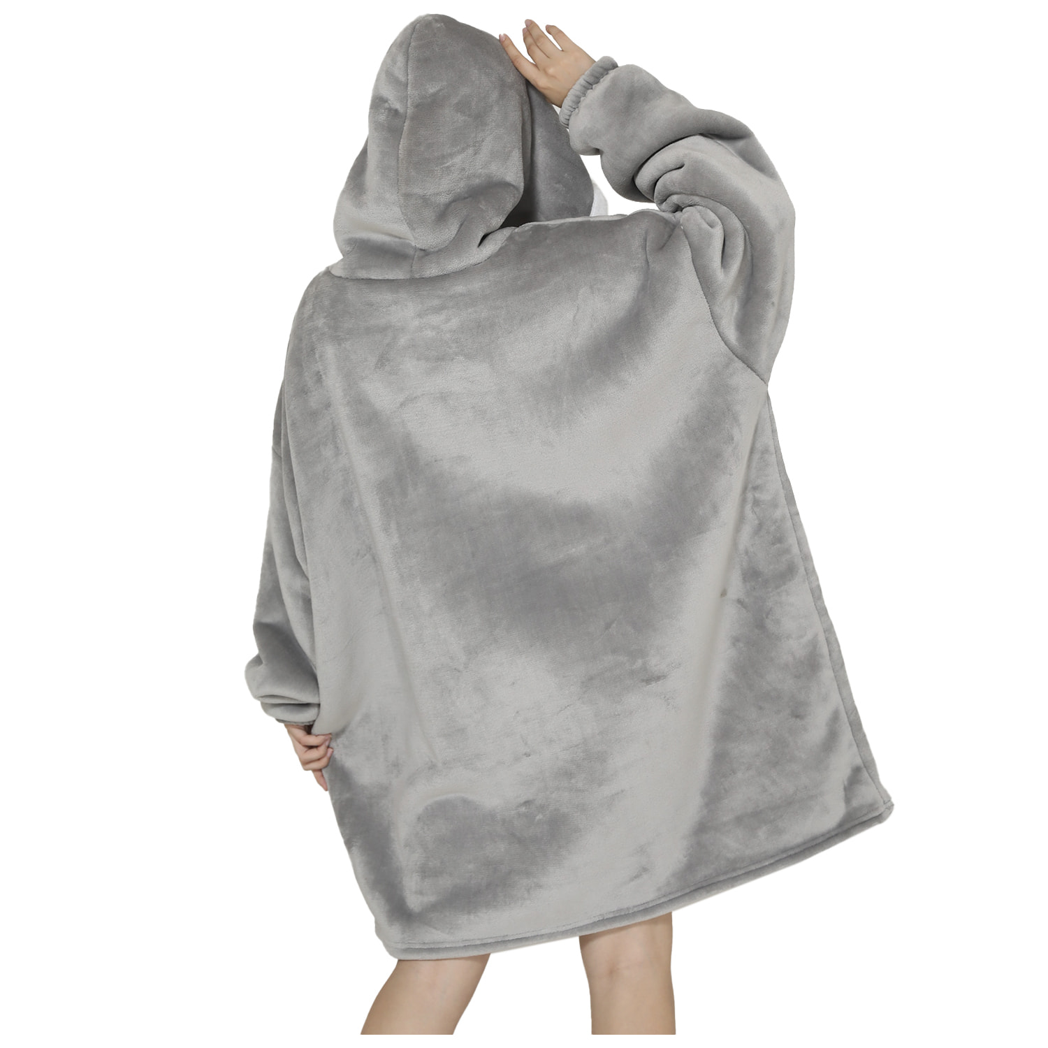 Bata estilo sudadera y manta de felpa extrasuave. Bolsillo frontal tipo canguro. Diseño liso Gris