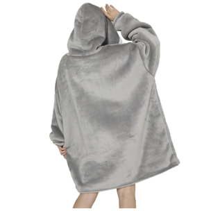 Bata estilo sudadera y manta de felpa extrasuave. Bolsillo frontal tipo canguro. Diseño liso Gris
