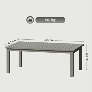 Table basse rectangulaire de jardin plateau lattes 100 x 60 x 37 cm alu effet bois gris