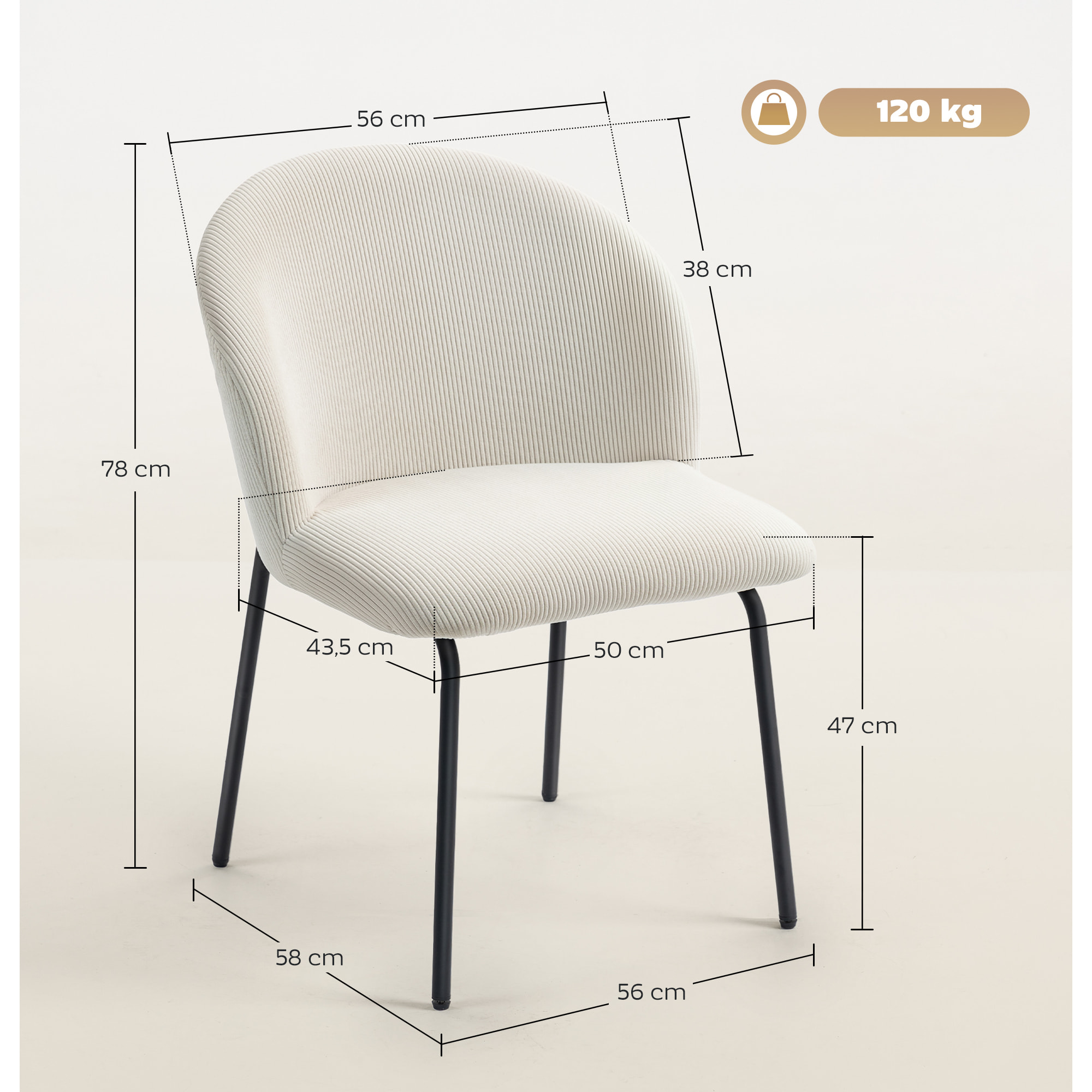 Lot de 2 chaises de salle à manger velours côtelé crème piètement acier noir
