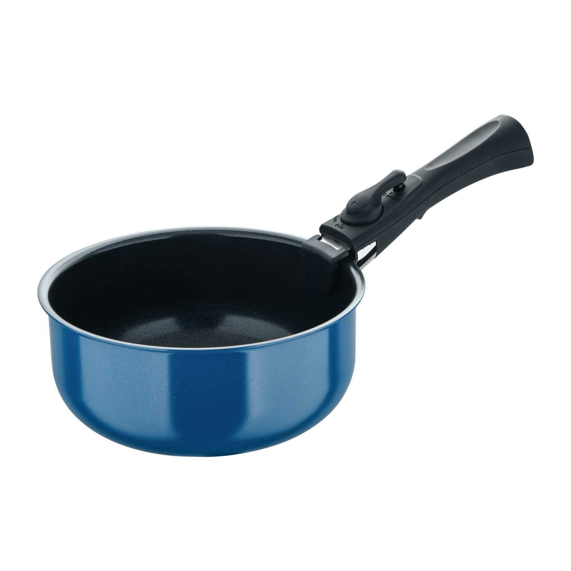 juego de 3 cazos ø16ø18ø20cm aluminio prensado en 3 colores + mango extraíble