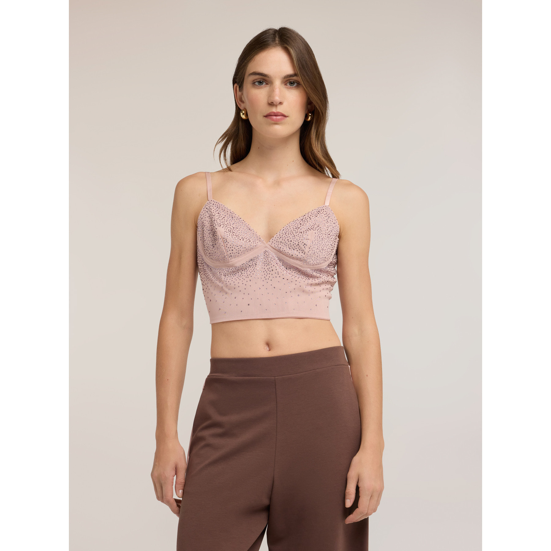 Motivi - Top crop in tulle con micro-strass - Rosa cipria