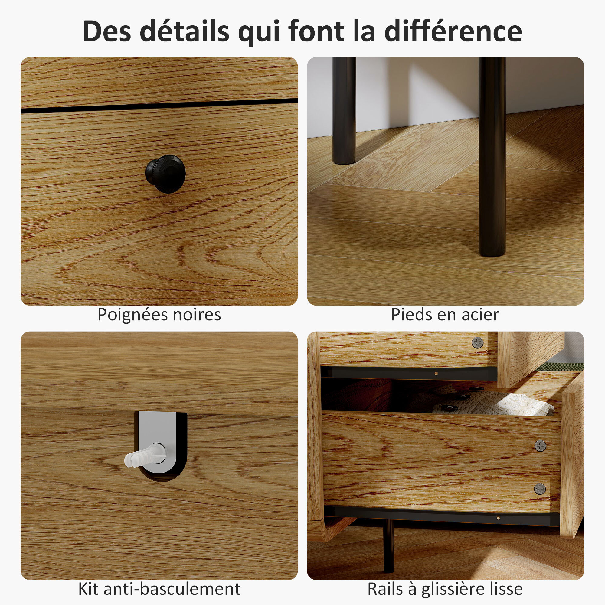 Commode 4 tiroirs style vintage effet bois coins biseautés piètement métal poignées bouton noir