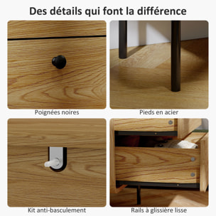 Commode 4 tiroirs style vintage effet bois coins biseautés piètement métal poignées bouton noir