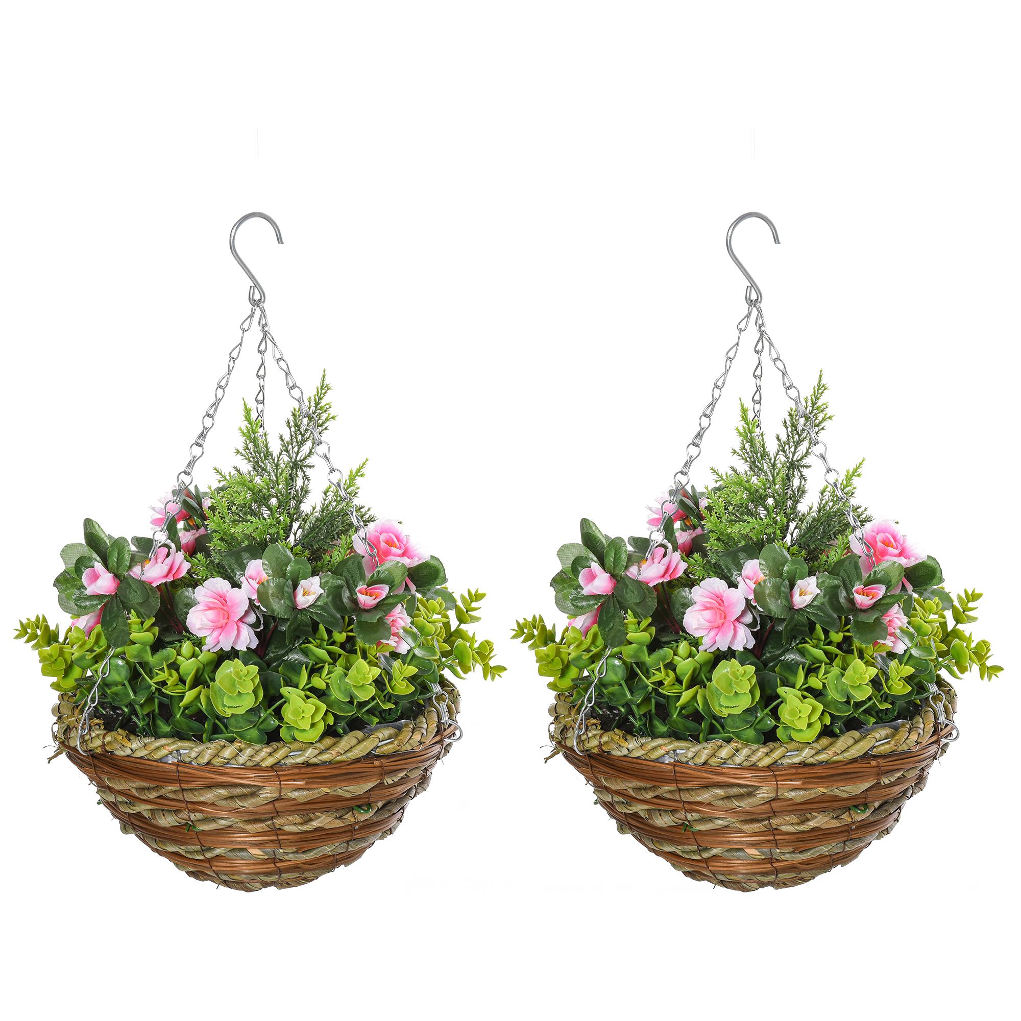 Juego de 2 Plantas Colgantes de Lisianthus Sintéticas para Interior y Exterior con Maceta de Mimbre y Cadenas Ø25x34 cm Rosa y Verde