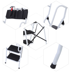 HOMCOM Escabeau pliable 4 marches XL antidérapantes double garde corps hauteur max. 1,55 m charge max. 150 Kg pochette outils intégrée acier blanc noir