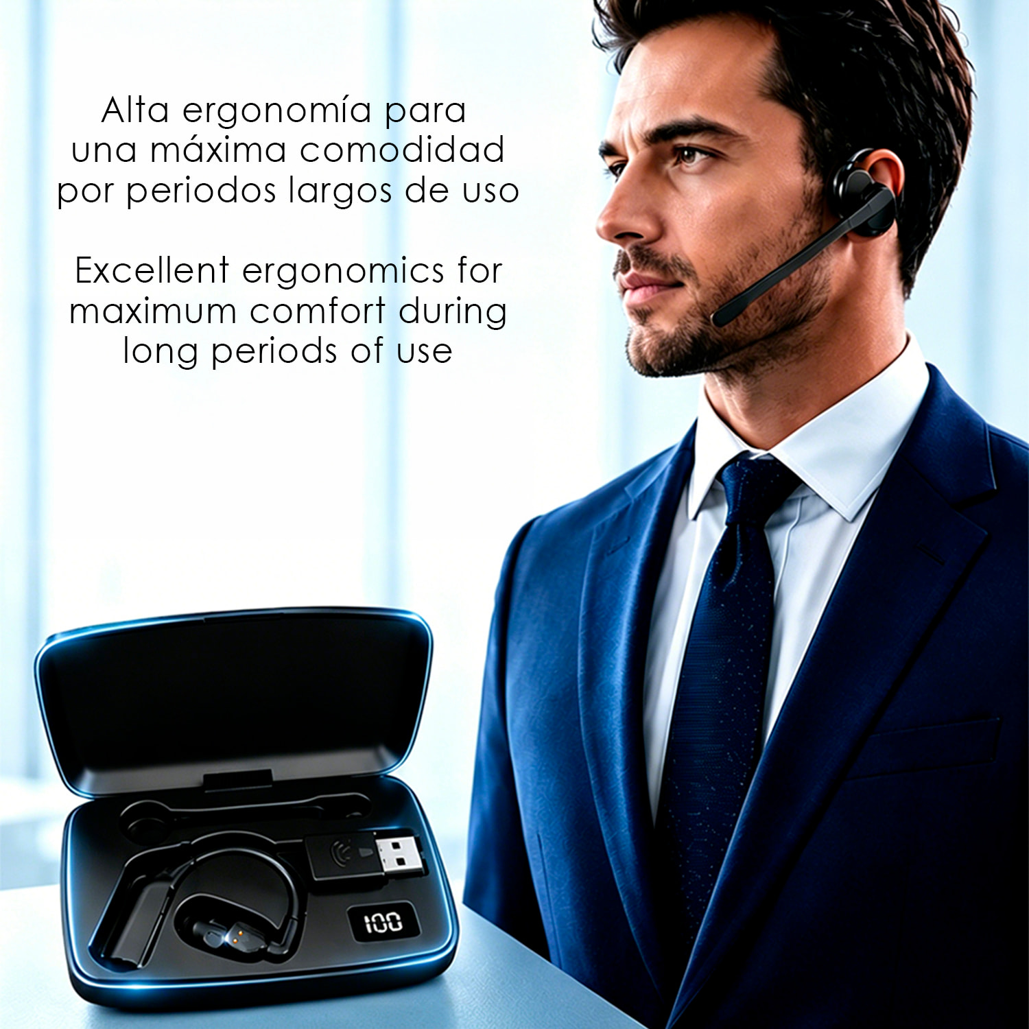Auricular Bluetooth manos libres V2. Diseño reversible para ambas orejas, micrófono magnético extraíble de 360° y batería larga duración. Con caja de carga y compatible con PC/Tablet.