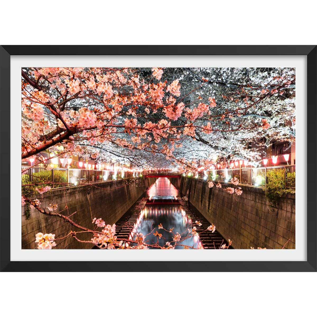 Affiche photo cerisiers et hanami à tokyo Affiche + cadre en bois - Noir