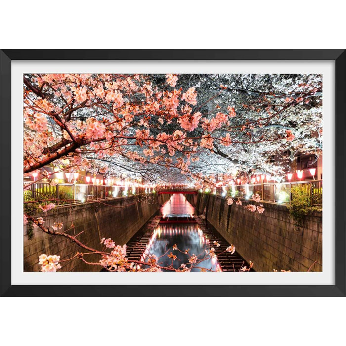 Affiche photo cerisiers et hanami à tokyo Affiche + cadre en bois - Noir