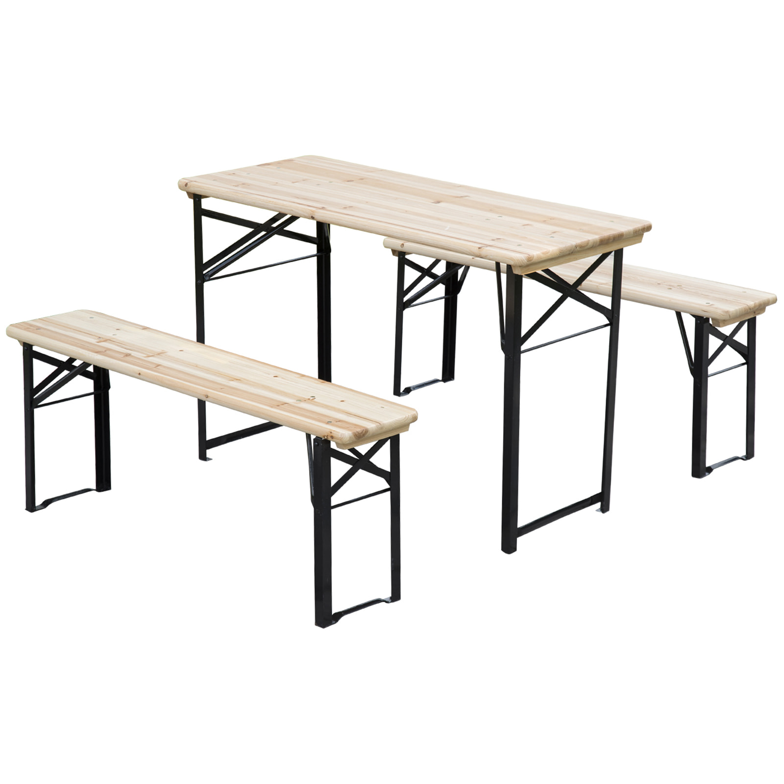 Table de camping pique-nique pliable portable + 2 bancs pliables métal époxy noir bois massif sapin