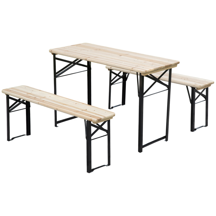 Table de camping pique-nique pliable portable + 2 bancs pliables métal époxy noir bois massif sapin