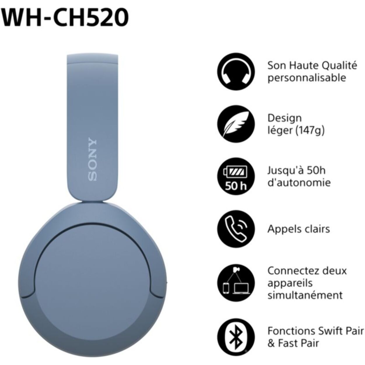 Casque SONY WH-CH520 Bleu
