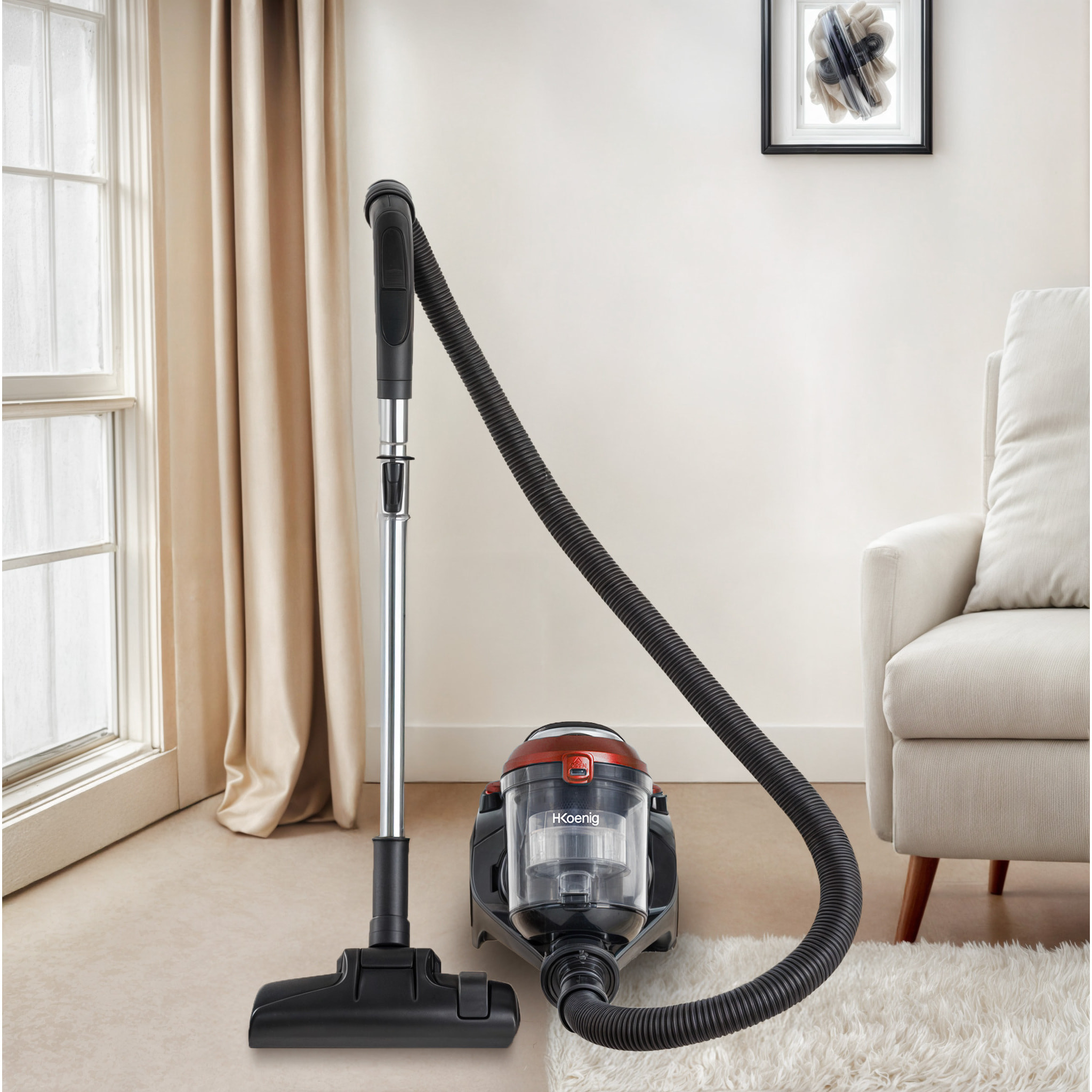 Aspirador ciclonico sin bolsa STC58 H.Koenig, cepillo para suelos duros y cepillo para alfombras y mascotas, filtro HEPA 12, 850W