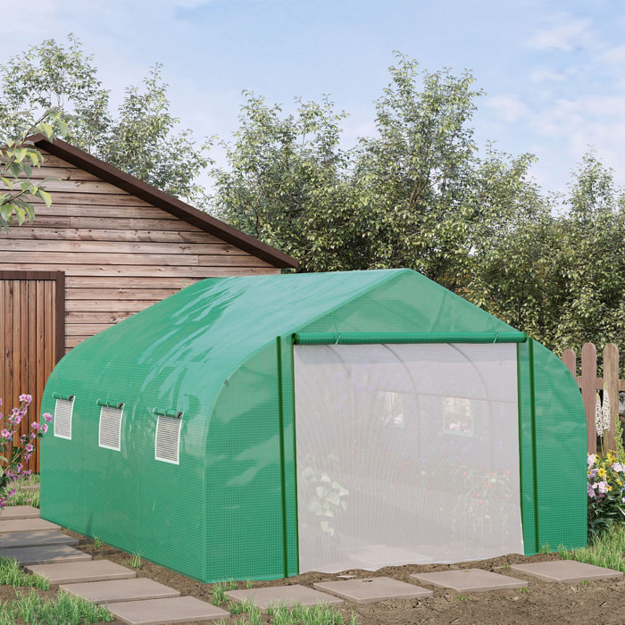 Serre tunnel de jardin grande taille dim. 3,47L x 3l x 2H m - 6 fenêtres et porte zippée enroulable - acier galvanisé PE haute densité vert