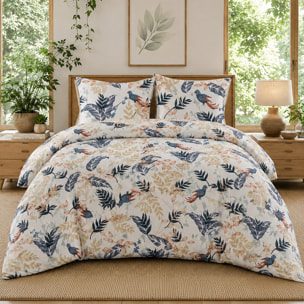 Parure housse de couette 100% percale de coton motif topical feuillage et oiseaux - Oizel