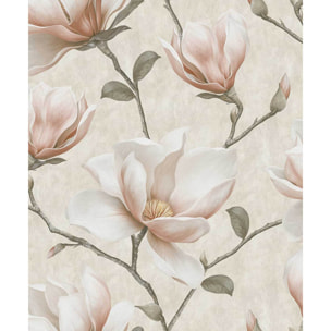 Papier peint magnolia rose poudré fond crème