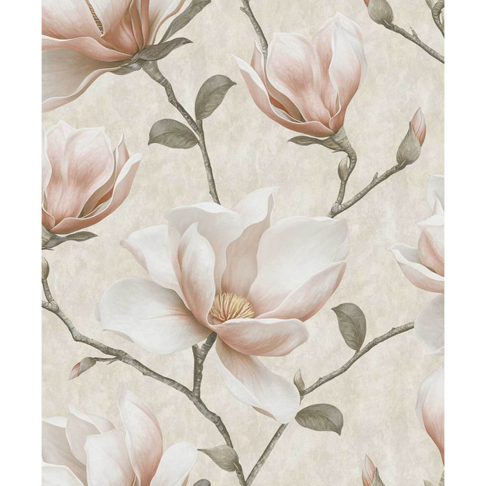 Papier peint magnolia rose poudré fond crème