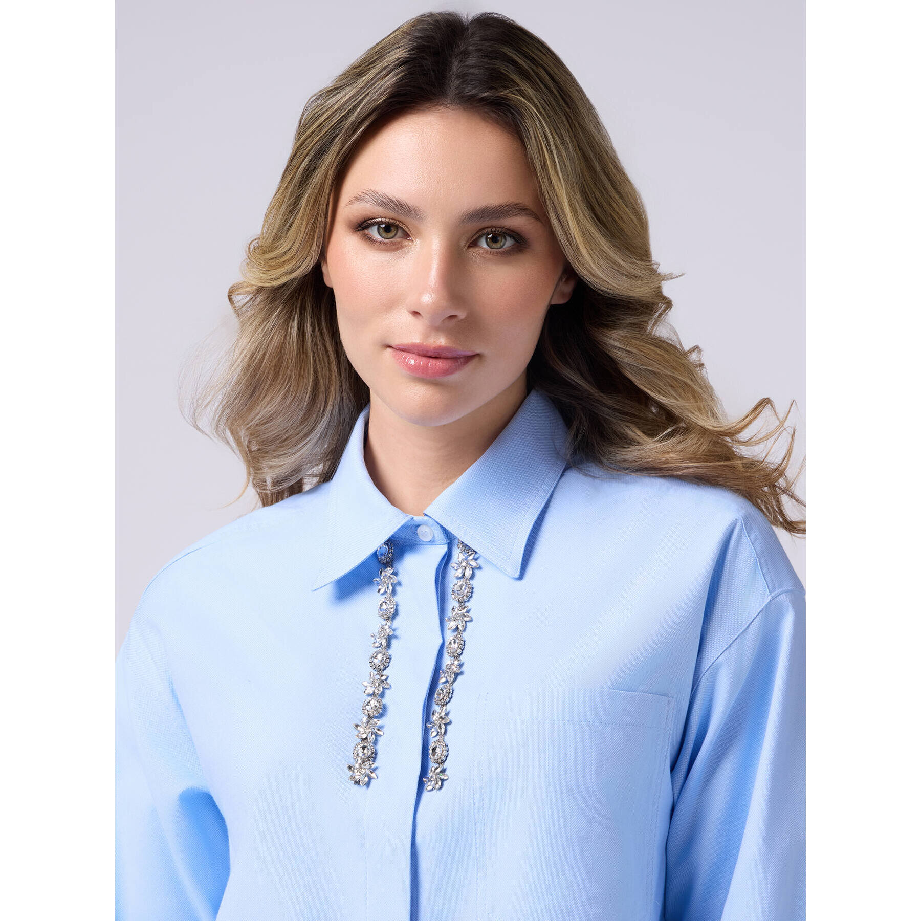 Oltre - Camisa de popelina con bordado de joyas - Light - blue