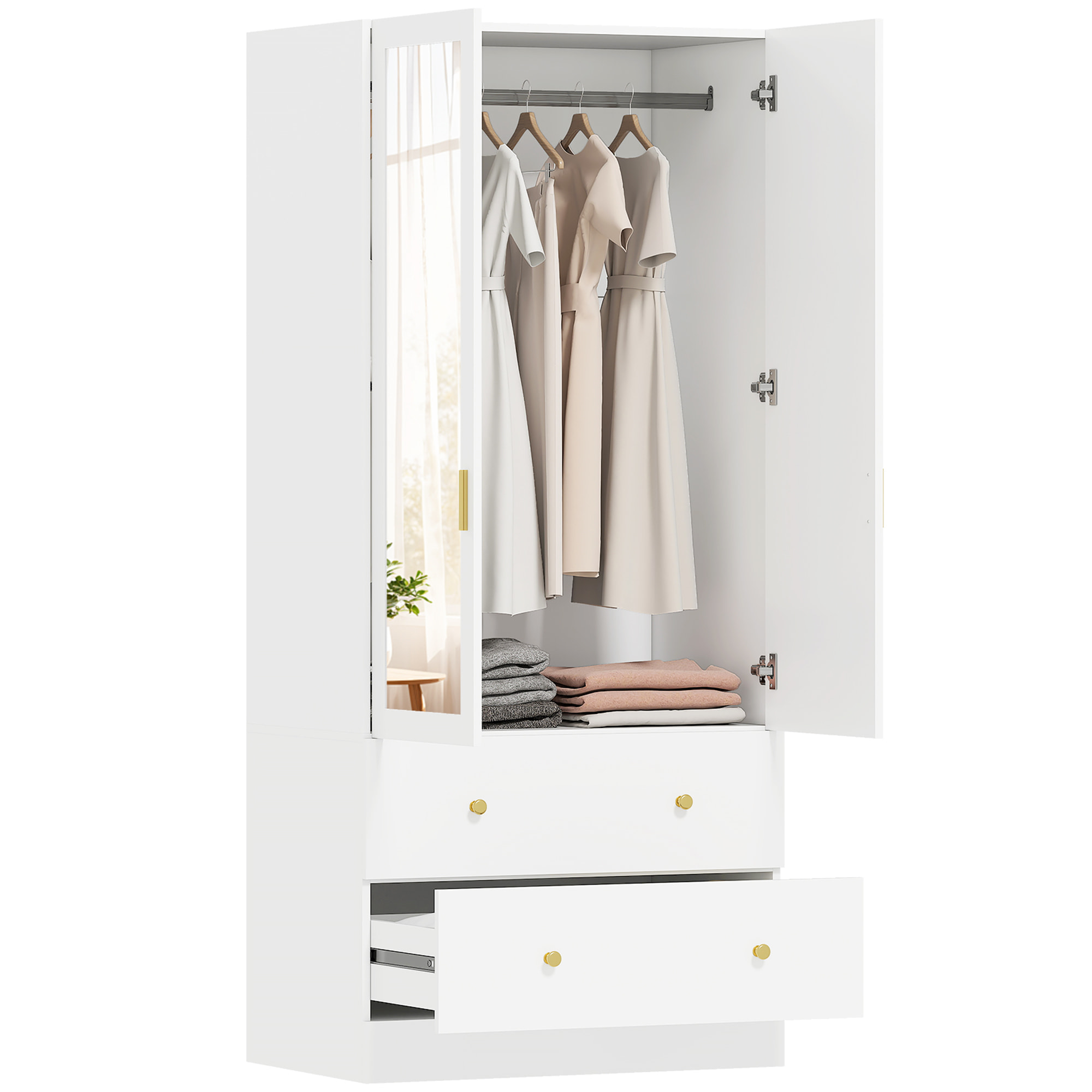 Armario Dormitorio 2 Puertas y 2 Cajones, Armario Ropero con Espejo, Barra para Colgar, Estilo Moderno, 80x50x180 cm, Blanco