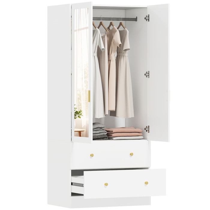 Armario Dormitorio 2 Puertas y 2 Cajones, Armario Ropero con Espejo, Barra para Colgar, Estilo Moderno, 80x50x180 cm, Blanco