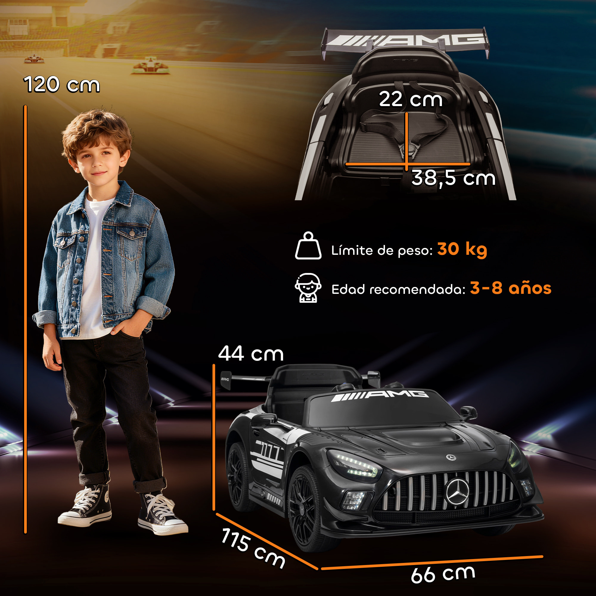 Coche Eléctrico para Niños, Mercedes-AMG GT3 Evo, Coche de Batería 12V, con Mando a Distancia 2,4 G, Motor Doble, Ruedas Auxiliares, Asa de Arrastre, Música Inalámbrica, Faros, Negro