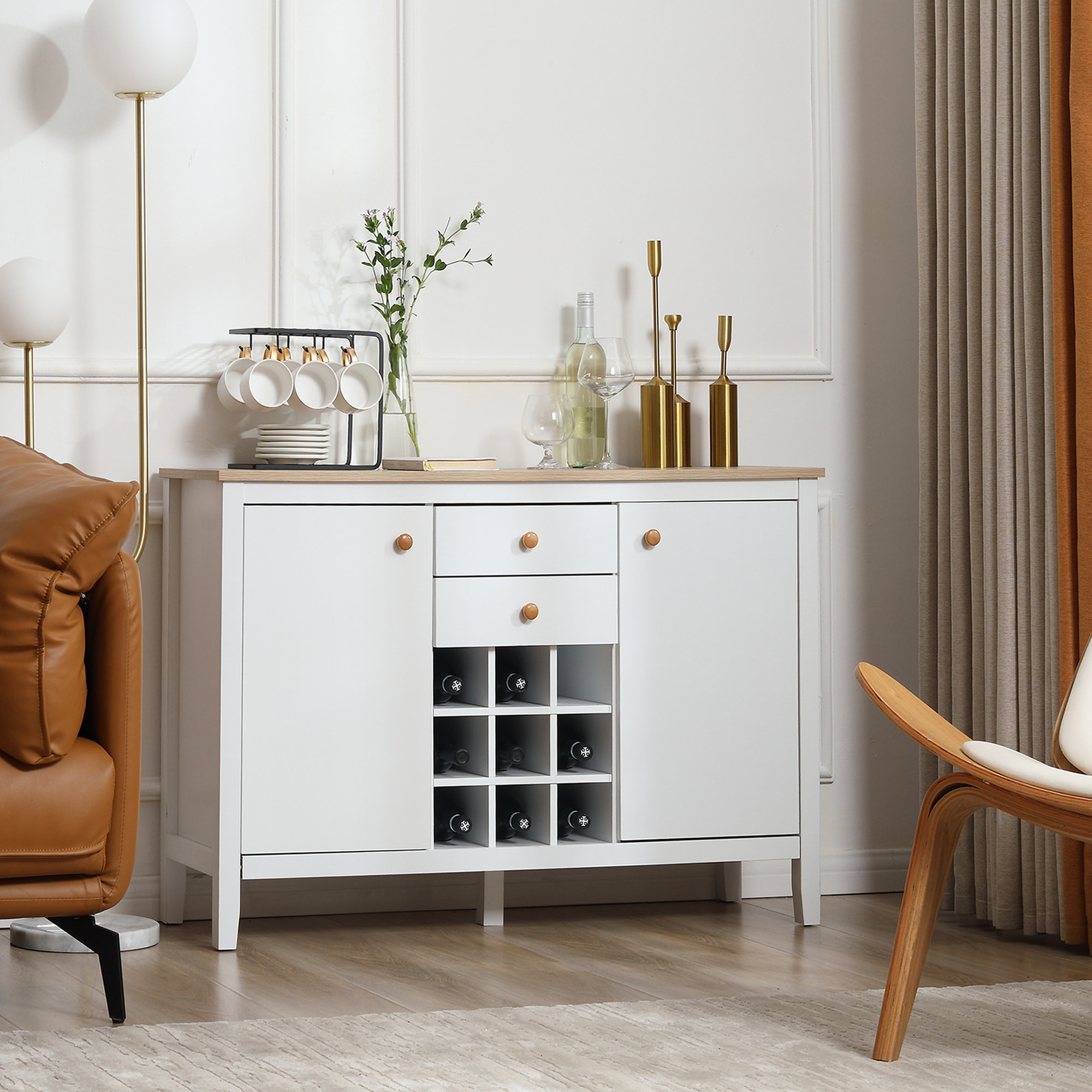 Buffet 2 tiroirs 2 portes étagères réglables range-bouteilles 9 bouteilles blanc effet bois