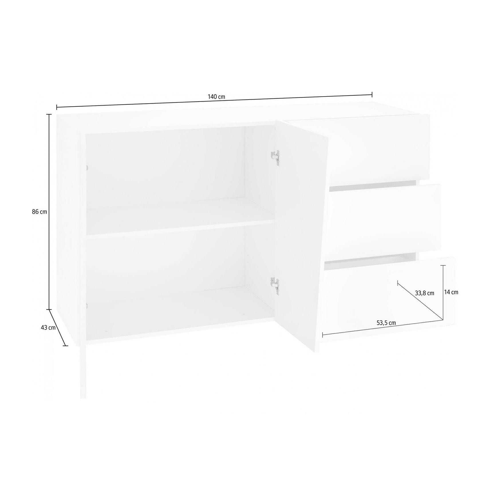 Credenza moderna a 2 ante e 3 cassetti, Made in Italy, Madia da cucina, Buffet di design da soggiorno, cm 141x43h86, colore Bianco lucido