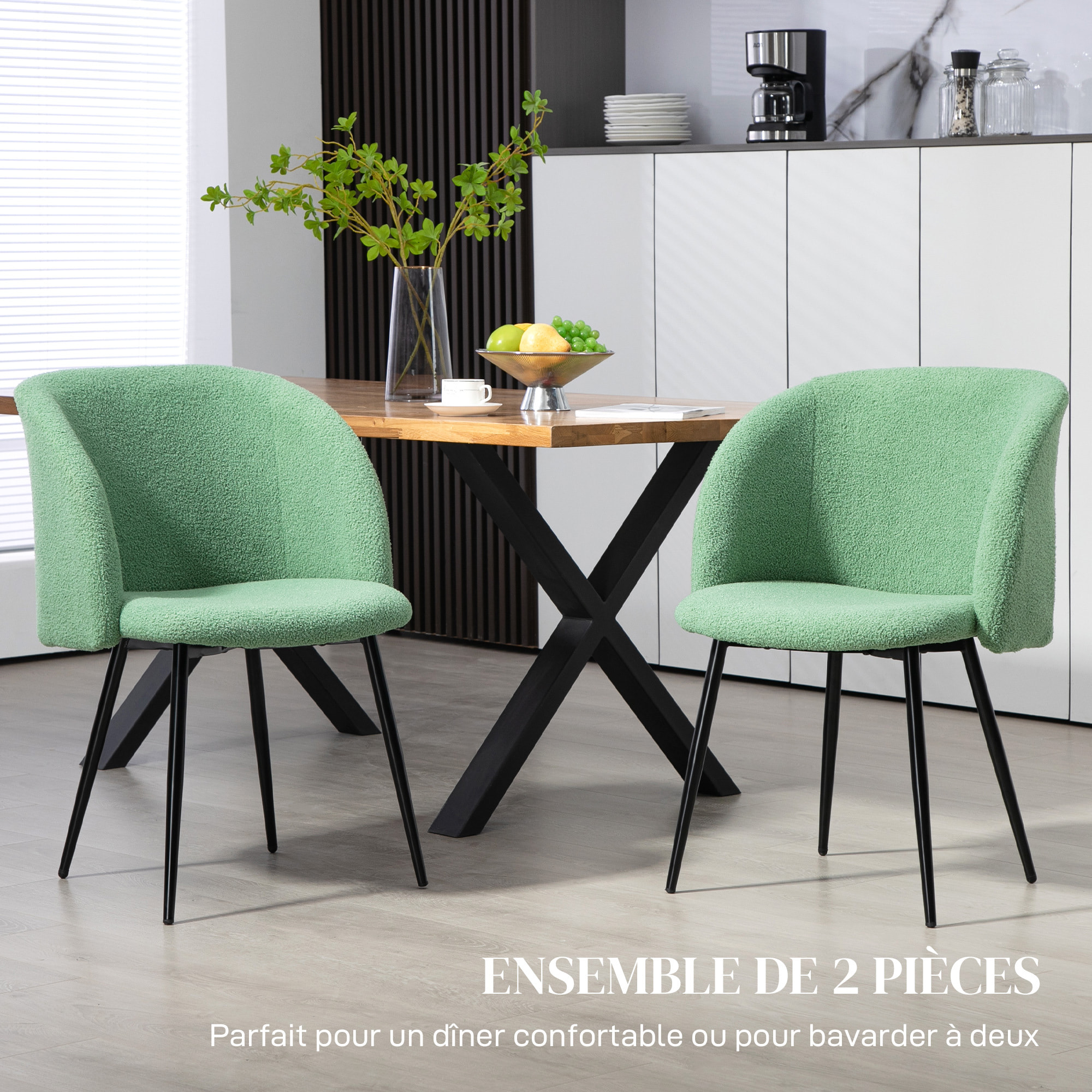 Chaises de visiteur design - lot de 2 chaises - piètement incliné effilé acier noir - revêtement effet laine bouclée vert