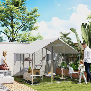 Jaula Grande para Gatos Exterior, Recinto para Gatos con 2 Casitas, 7 Plataformas para Saltar, Cubierta Impermeable y Anti-UV, Parque para 5 Gatitos, Conejos, 240x193x195 cm, Plata