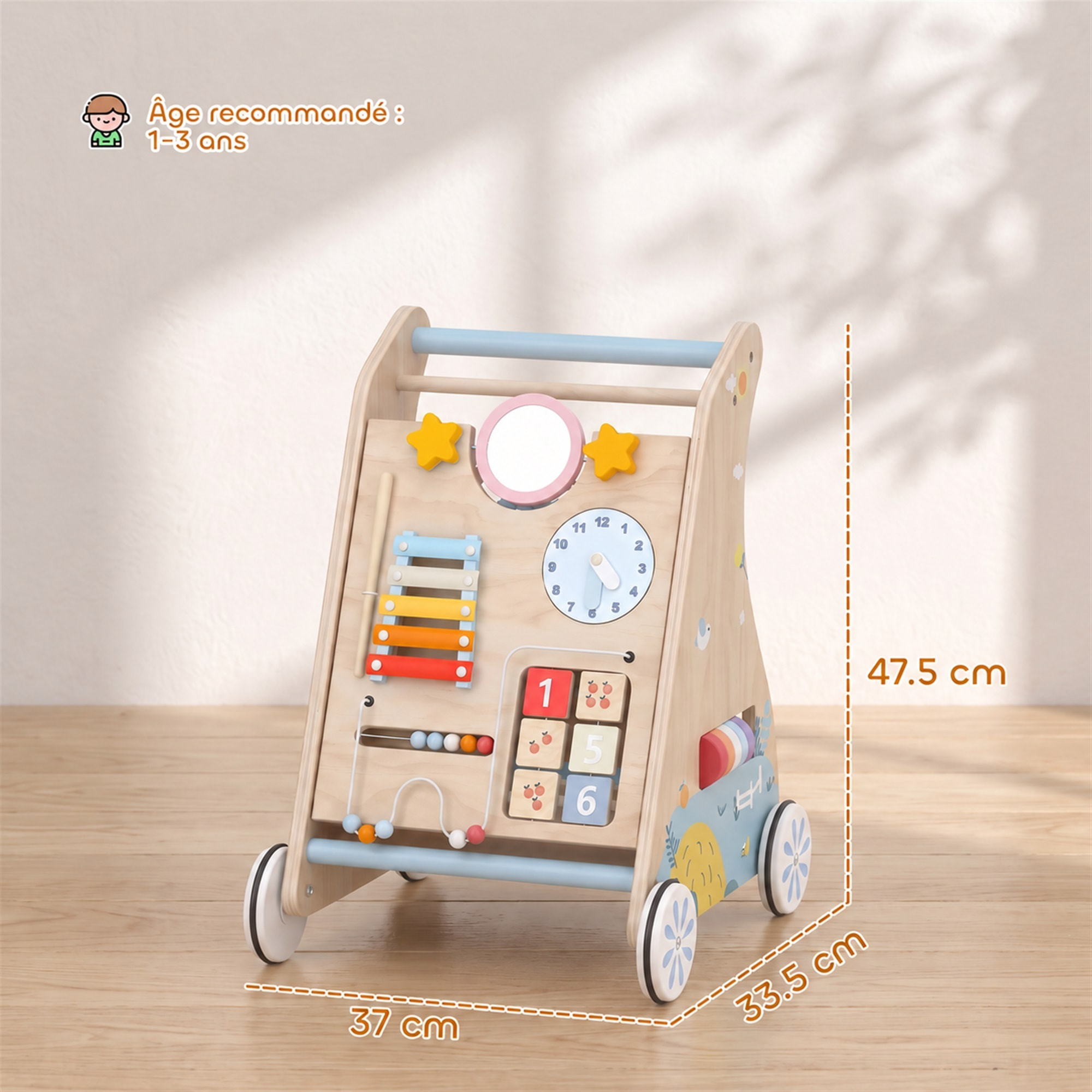 Chariot de marche en bois trotteur bébé avec tableau d'activités