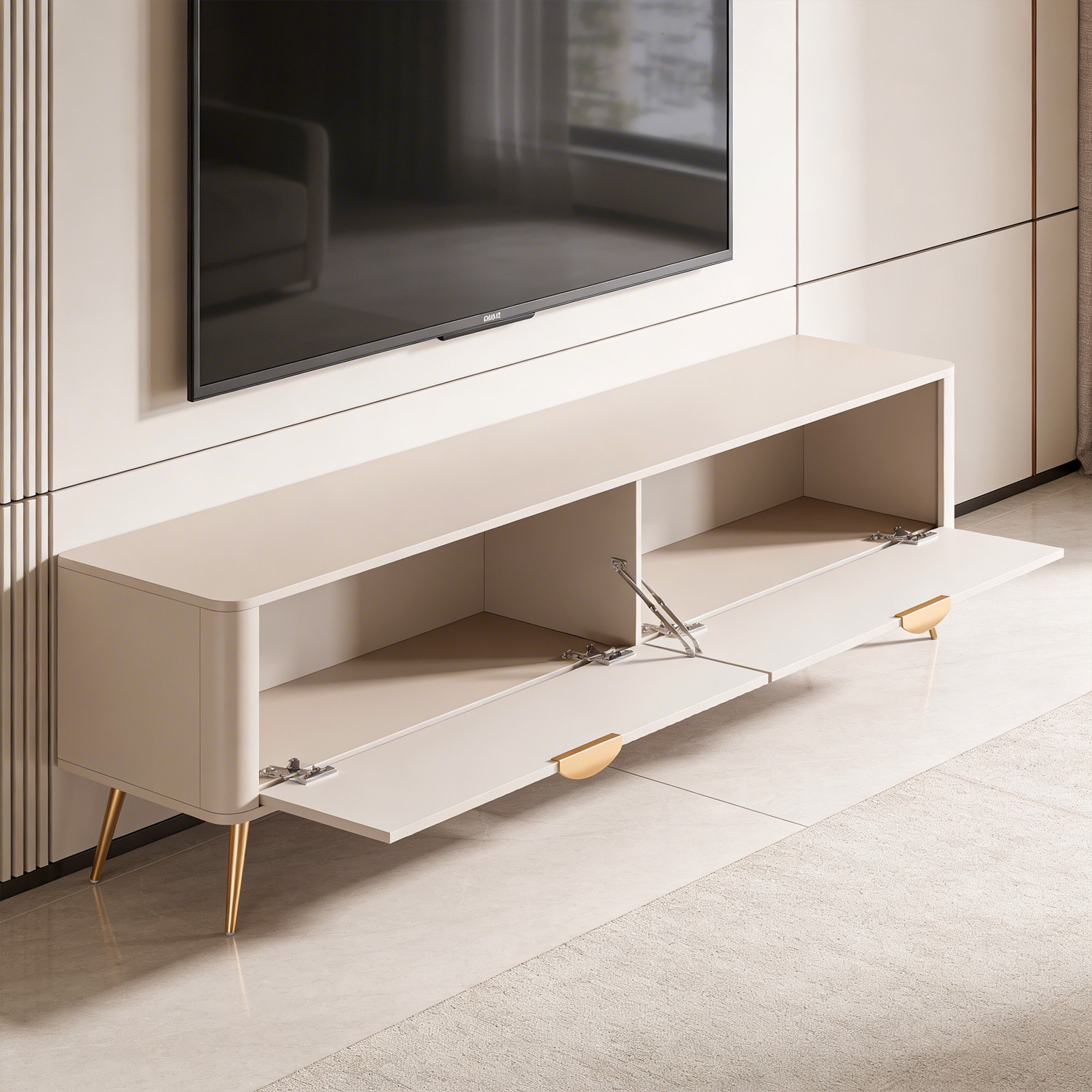 Mobile Porta TV Con 2 Ante A Ribalta Finitura Cannettato Mobiletto Design Moderno Elegante Piedini Slanciati Soggiorno Camera  200 x 51 x 38 Cm Cashmere