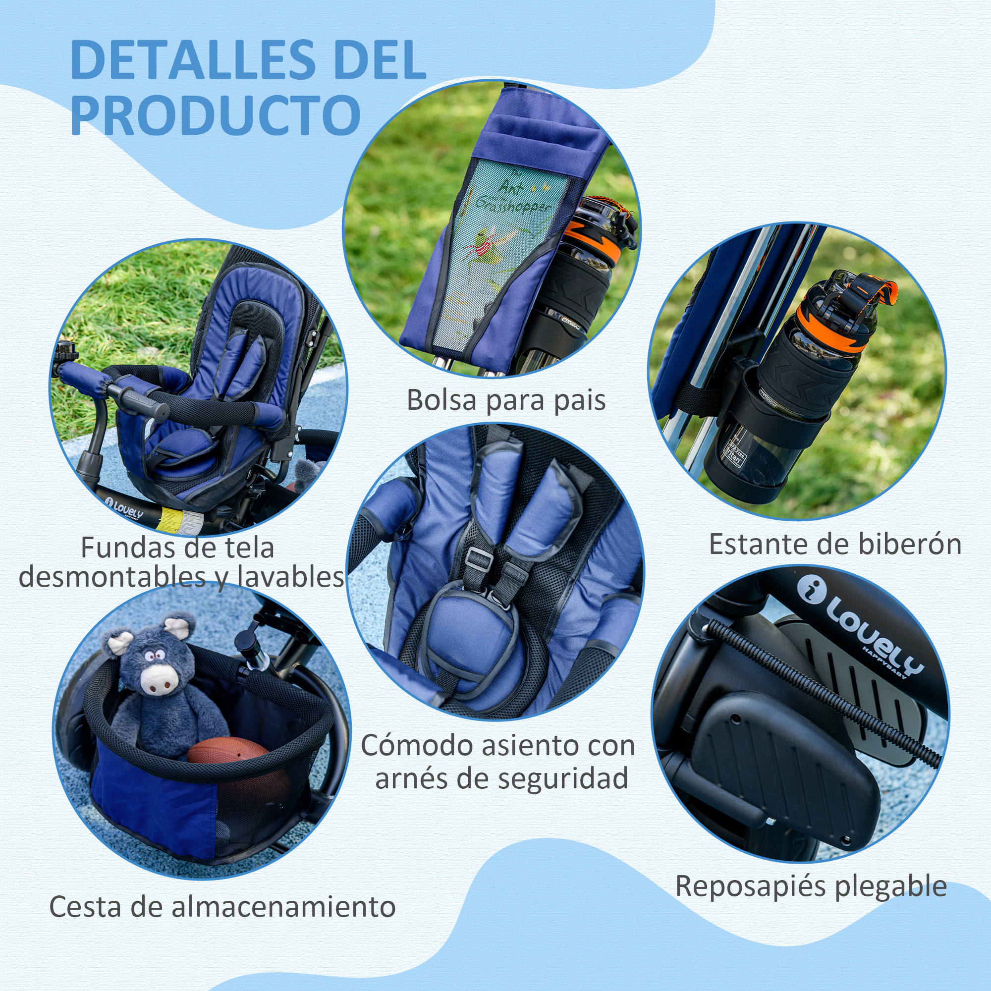 Triciclo para Bebés Triciclo Evolutivo para Niños con Toldo Plegable Mango de Empuje Telescópico y Desmontable Bolso para Mamá y Portabotellas 102x49x102 cm Azul Oscuro