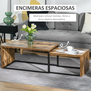 Juego de 2 Mesas de Centro Mesitas de Café con Patas de Metal Estilo Industrial para Salón Comedor Sala de Estar 90x48x42 cm y 59x42x36 cm Marrón Rústico