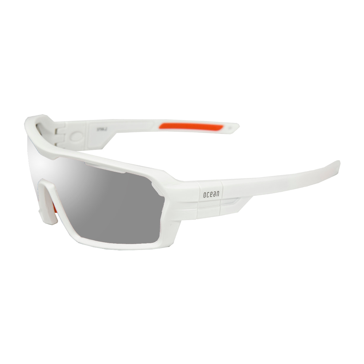 Gafas de deportes acuáticos OCEAN CHAMELEON - Blanco mate / Revo gris con plaquetas puntas y espuma naranjas y correa blanca