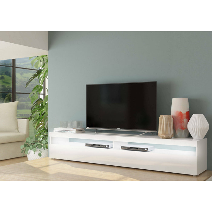 Mobile porta TV Akon, Credenza bassa da soggiorno, Base porta televisione, 100% Made in Italy, cm 200x45h36, Bianco lucido, con luce LED