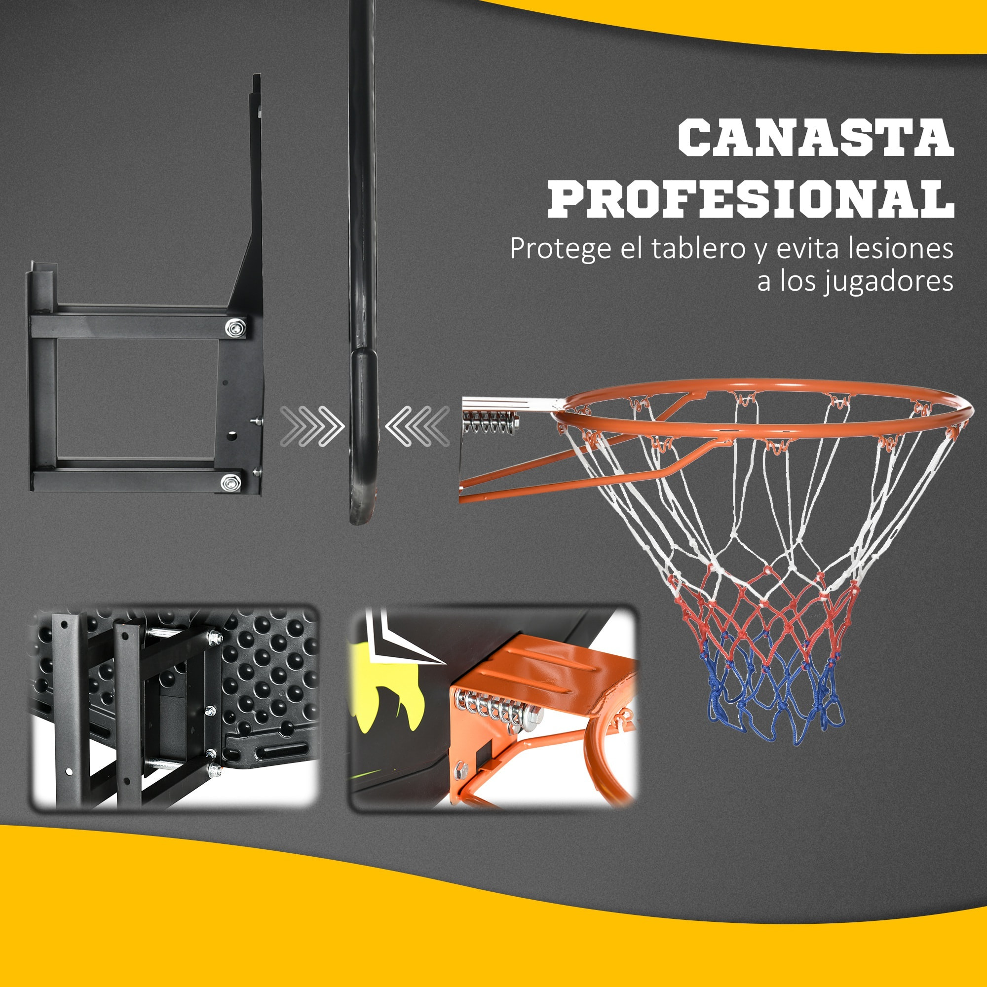 Canasta de Baloncesto de Pared Tablero de Baloncesto Aro de Baloncesto para Interior y Exterior 110x90x70 cm Negro y Amarillo