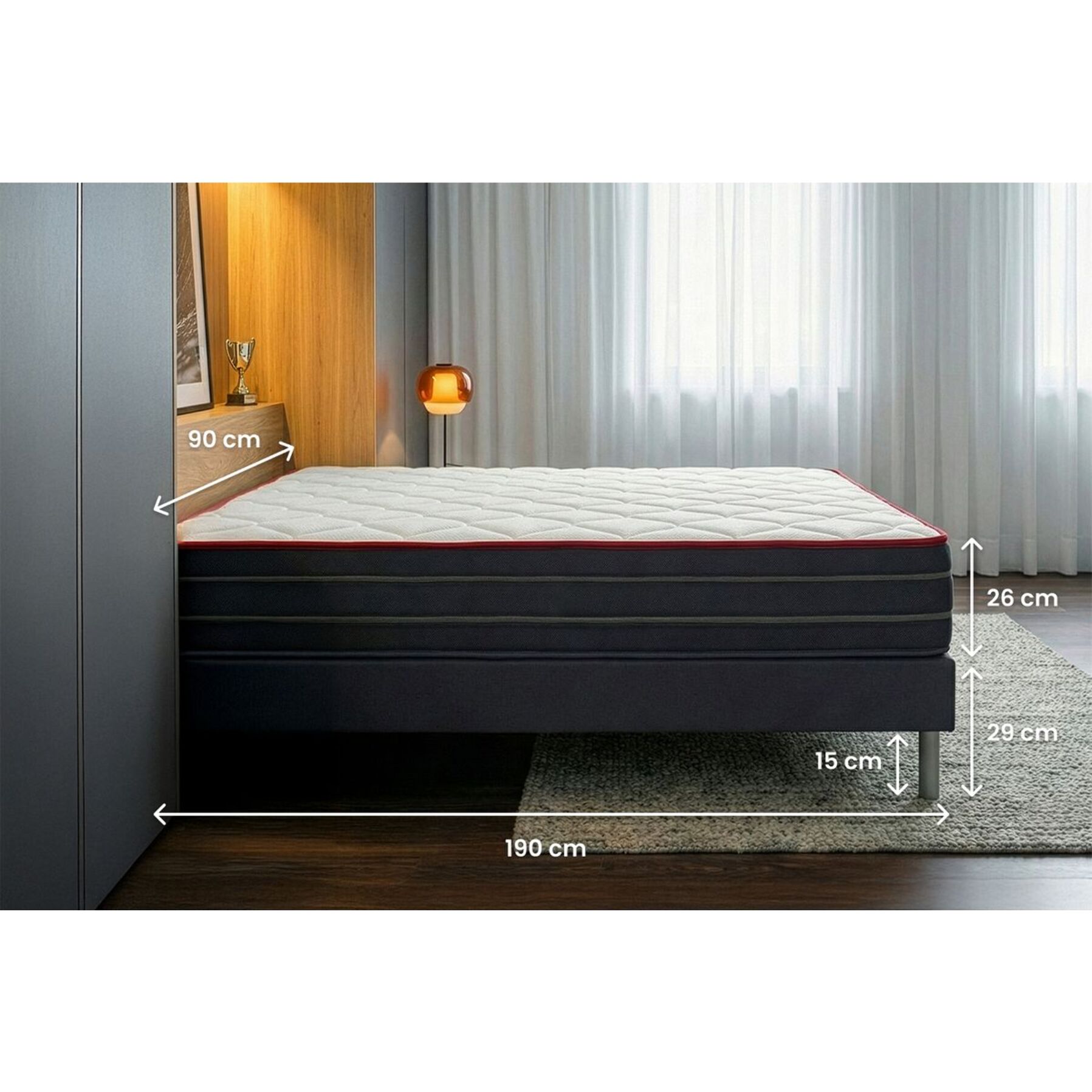Ensemble - Matelas Hybride 26cm d'épaisseur - 7 zones de confort - Confort équilibré - Sommier tapissier monobloc - 1 place