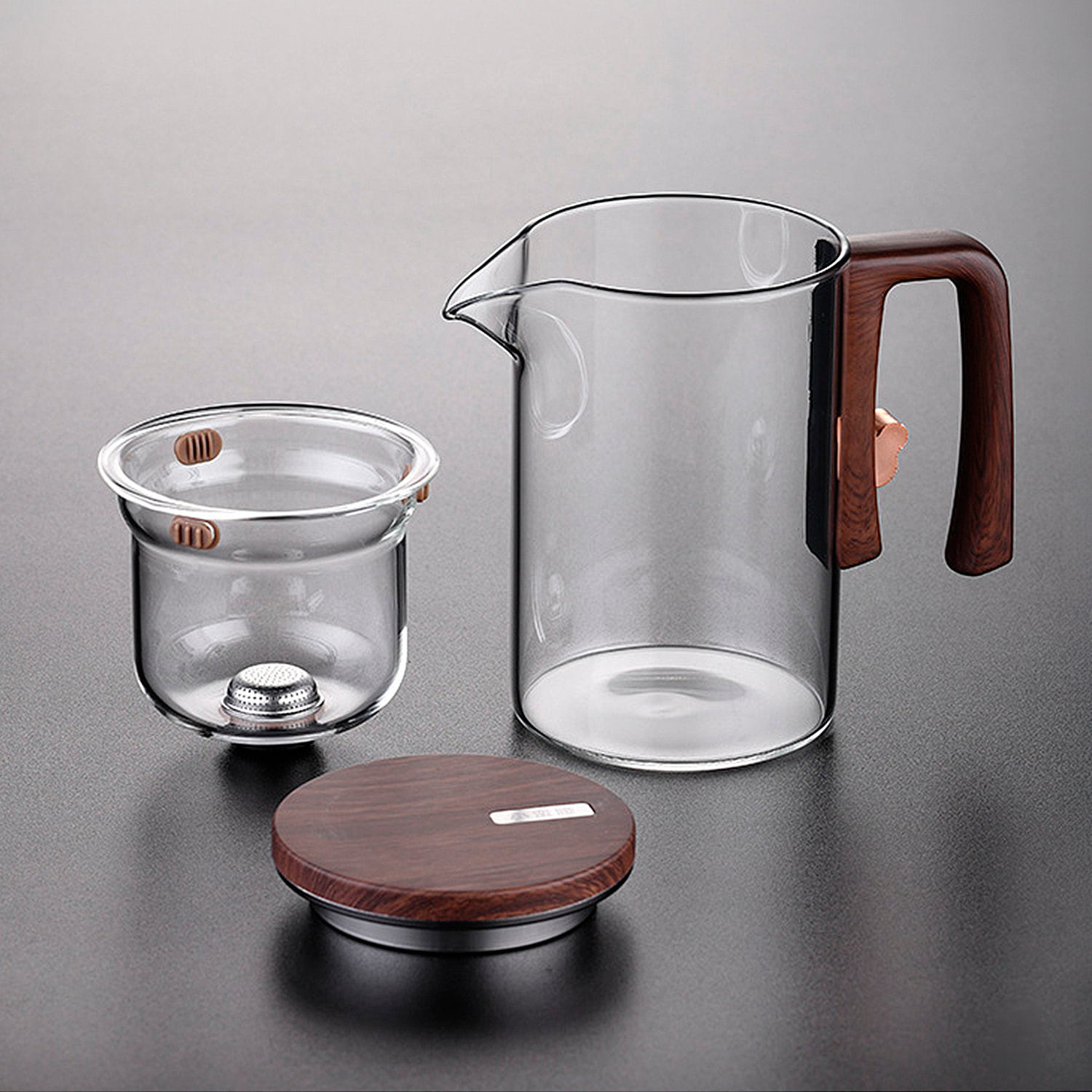 Tetera de cristal de 520ml con filtración magnética con 4 tazas y bandeja para servir.