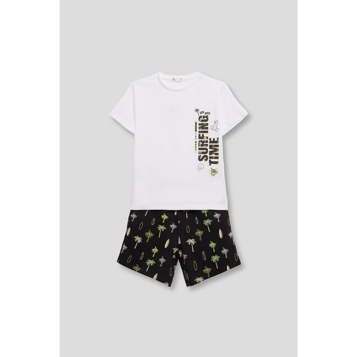 Conjunto Niño 2 Piezas Veraniego, Camiseta Manga Corta Blanca con Estampado Vertical “Surfing Time” + Bermuda Estampada Palmeras, 100 % Algodón | Color: Blanco | Street Monkey
