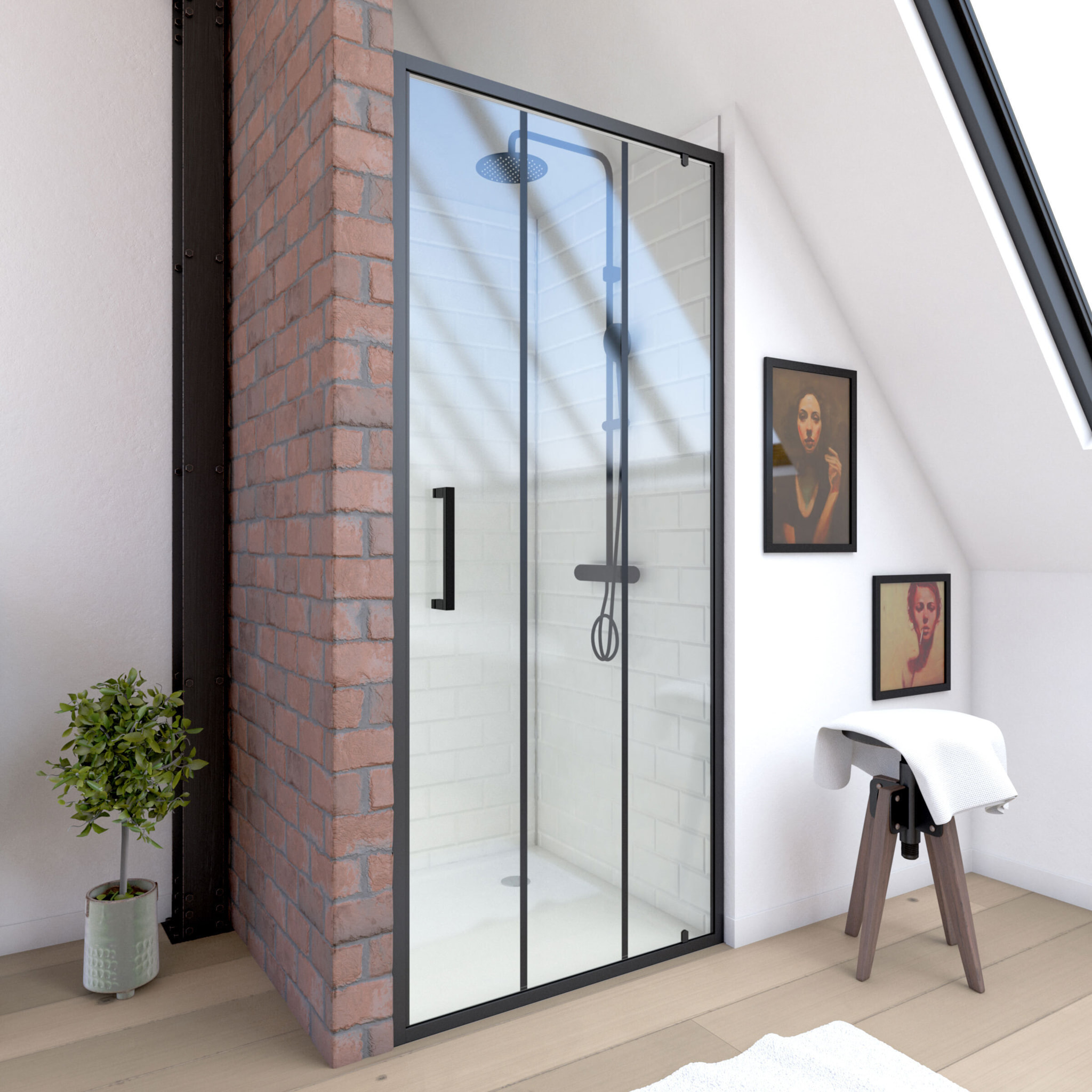 Porte de douche pivotante type industriel - 90x200cm - PROFILE NOIR MAT - verre 6mm