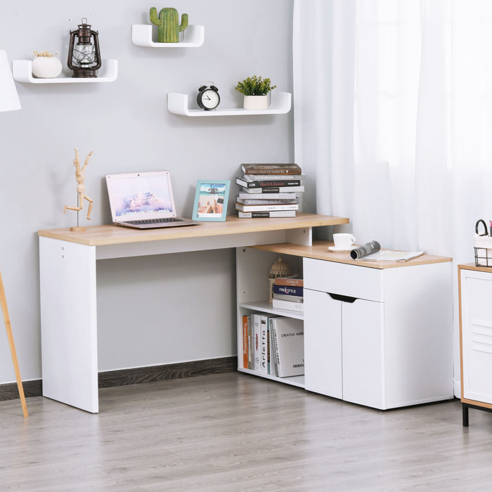 Bureau d'angle bureau informatique multimédia modulable multi-rangement aspect chêne clair blanc