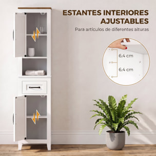 HOMCOM Armario de Baño Alto, Mueble de Baño Estrecho con Cajón, Estante Abierto, Puertas y Estantes Ajustables, Estilo Rústico, 34,5x30x148 cm, Blanco