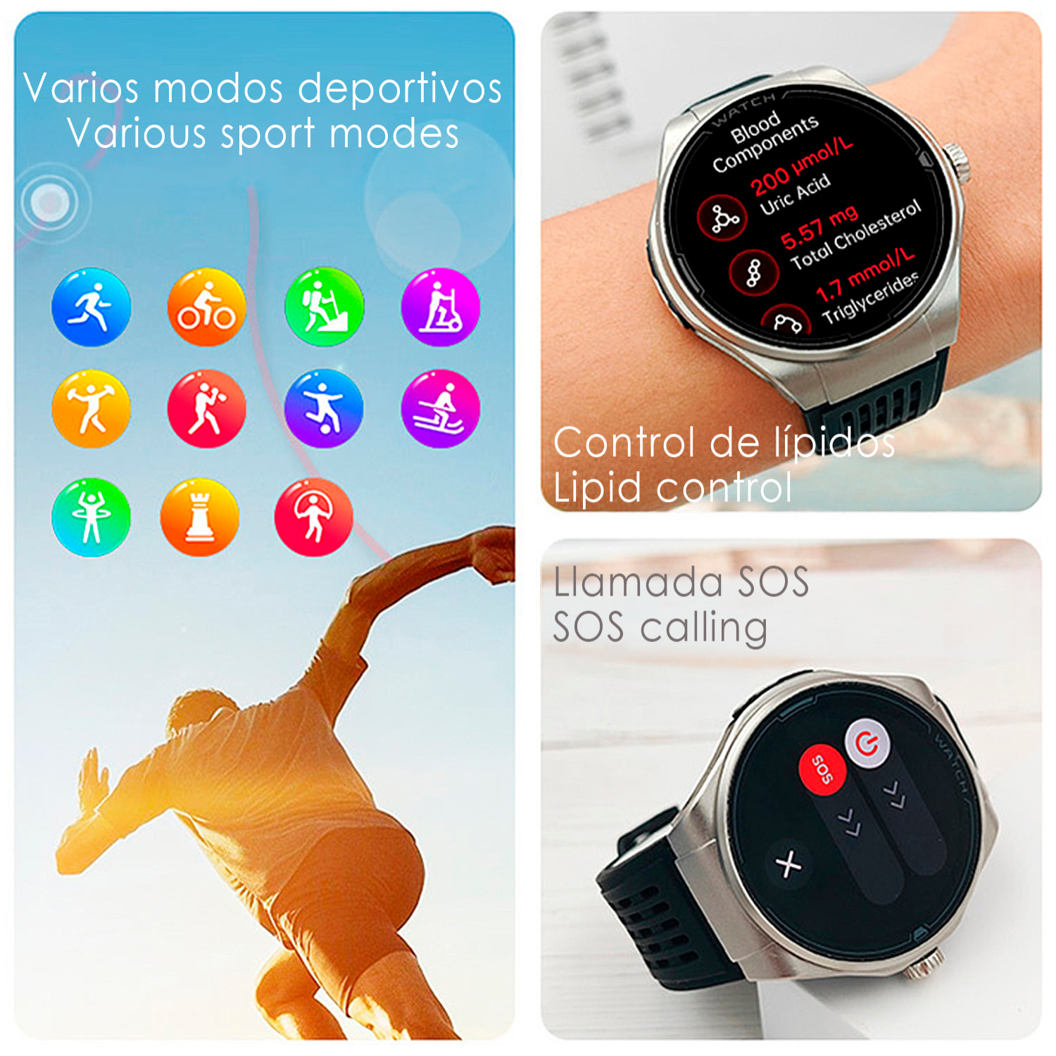 Smartwatch JA03. Llamadas Bluetooth con funciones avanzadas de salud: ECG, lípidos, glucosa, oxígeno en sangre, tensión arterial, composición sanguínea y composición corporal.
