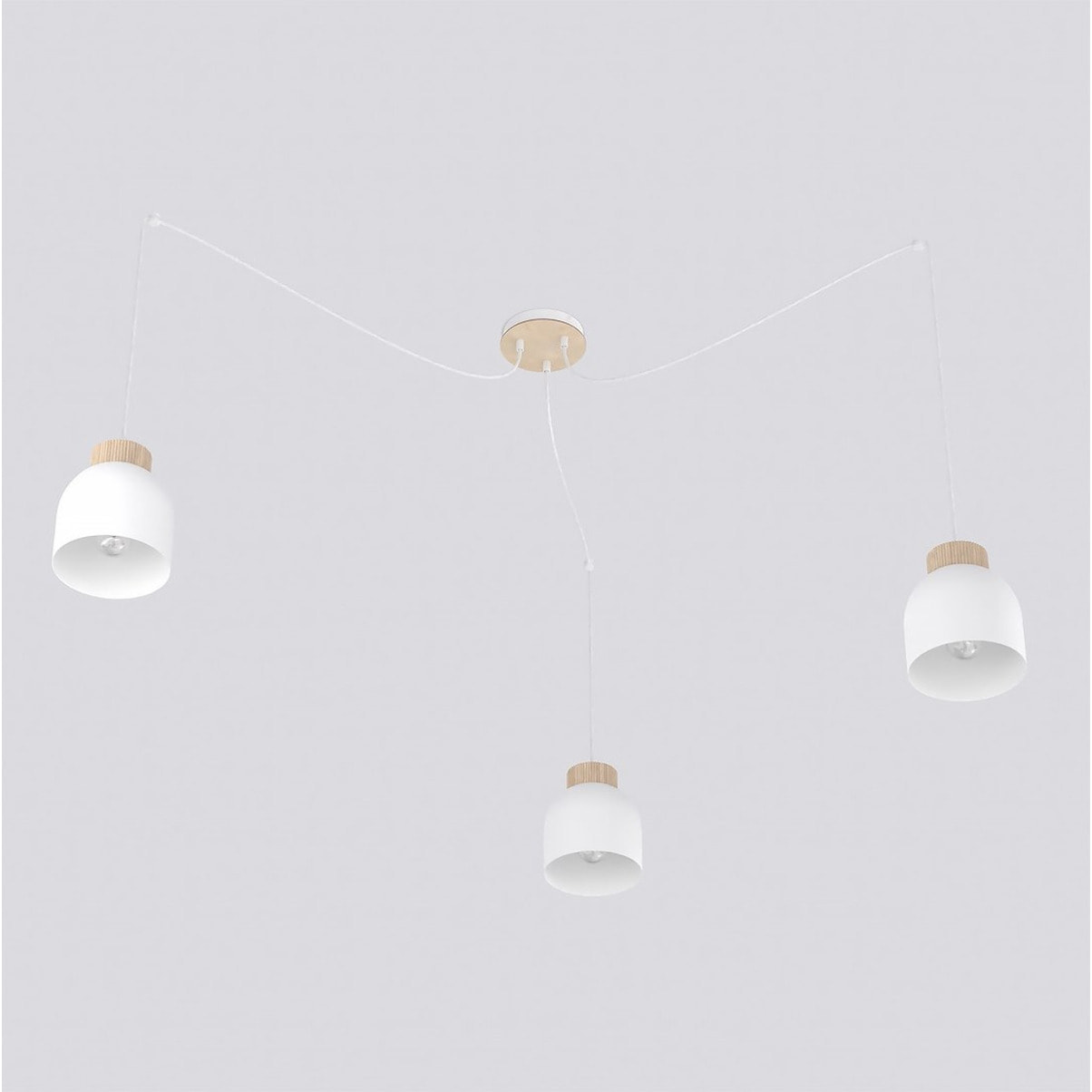 Lampada a sospensione KRU a tre luci in metallo bianco e legno