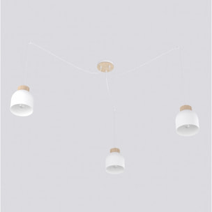 Lampada a sospensione KRU a tre luci in metallo bianco e legno