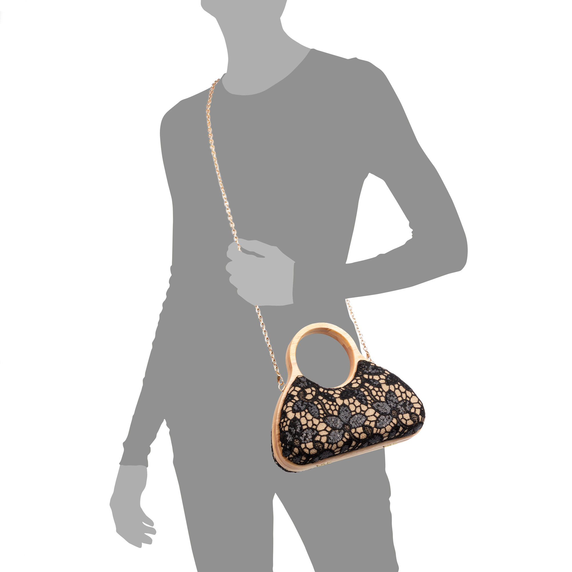 Avisio borsa a mano realizzata in legno naturale, cotone e juta con design in rete di tessuto floreale